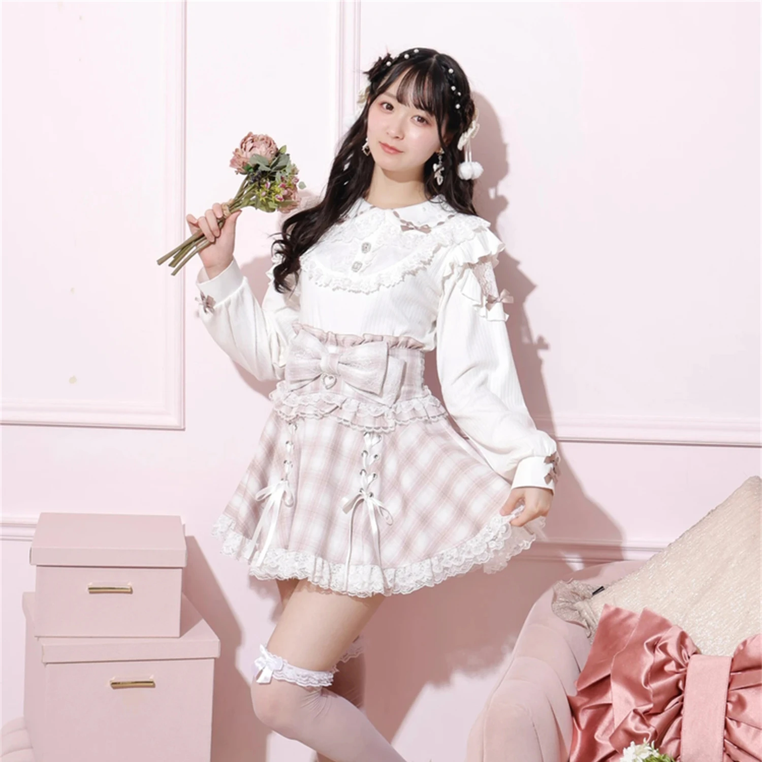 

C2 New Sweet Knot Lolita A-Line Skirt Anti-Light Princ Sle High Waist Polyester Fiber Daily Wear Skirt