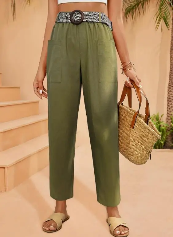 

Women's Pants 2026 Summer Loose Classic Solid Color Casual Belt Pocket High Waist Casual Daily Workwear Style Straight Leg Pants