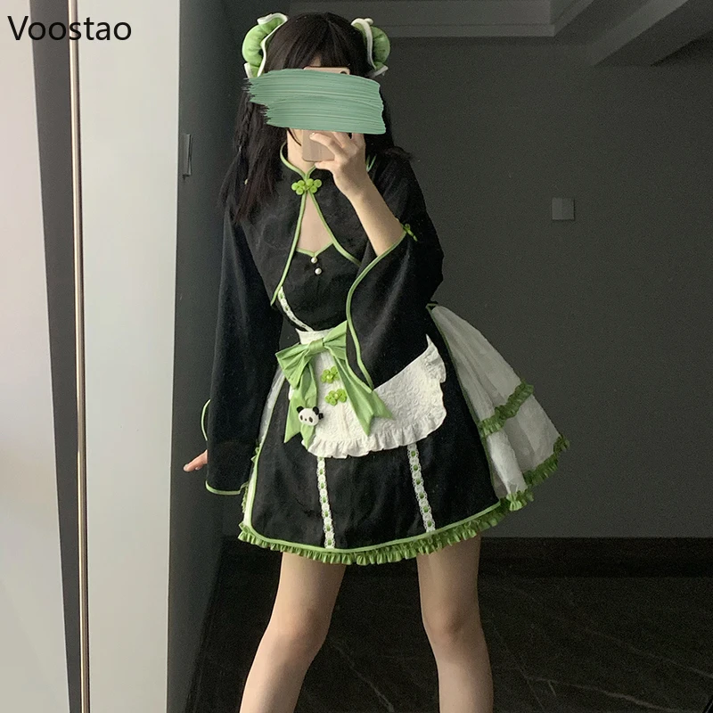 かわいいロリータ王女jskドレス甘い女性かわいいパンダエプロンメイドコスプレチョッキストラップドレス女の子Y2kセット