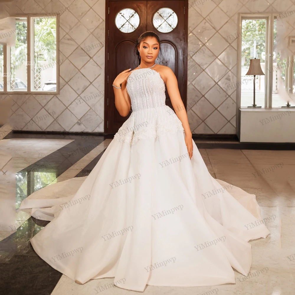 

Sequined Flowers Wedding Dresses Strapless Beaded A-Line African Bride Gowns Sweep Train vestido de novia 2026 Customized