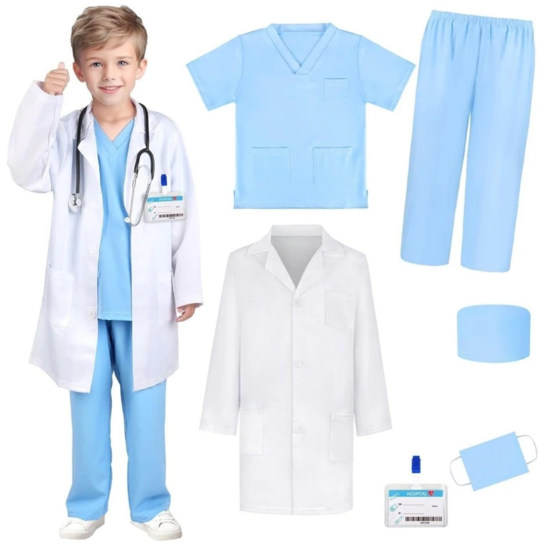 Seragam Bedah Kerja Perawat Dokter Simulasi Anak Laki-laki Perempuan dengan Set Kostum Pesta Halloween Permainan Peran Natal Balita