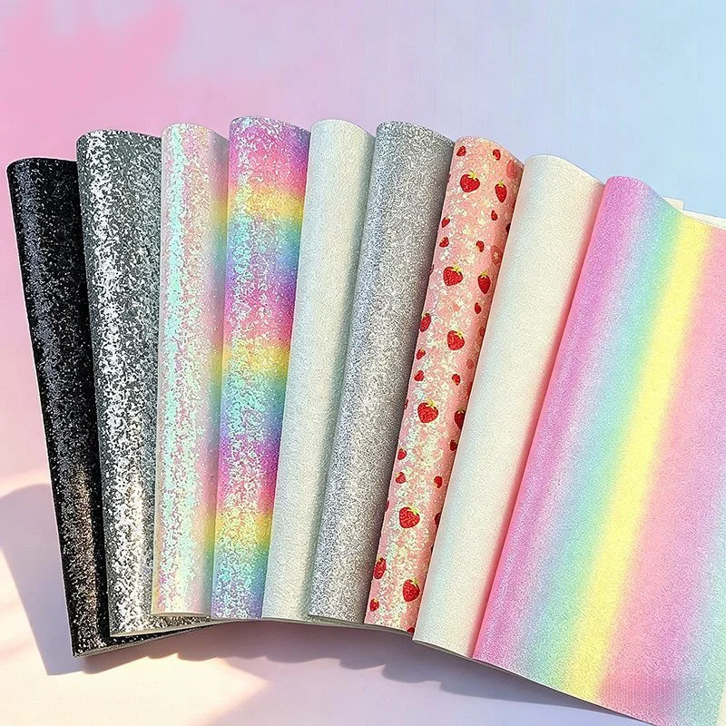 Glitter Rainbow Printed Faux Leather Fabric, Sparkly Synthetic Leather Sheet for DIY Crafts, Hair Bows, Bag Making, Decorations