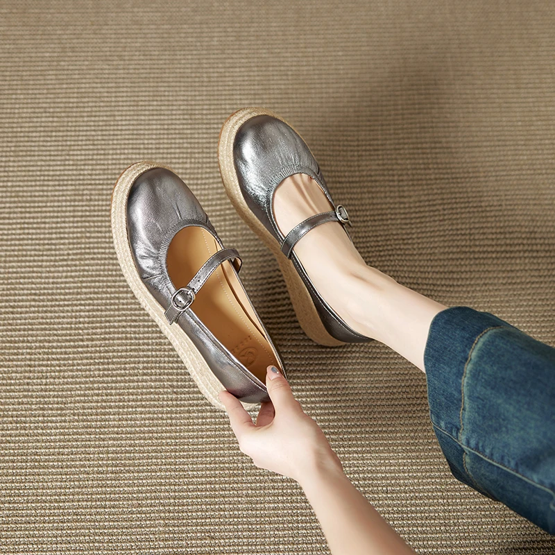 2026 new spring summer women pumps natural leather plus size 22-25cm cowhide+pigskin+sheepskin buckle platform women shoes