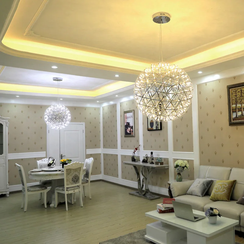 Indoor Lighting Assembled Spark Ball LED Pendant Light Firework Stainless Steel Ceiling Lamps Hanging Modern Remote Chandeliers