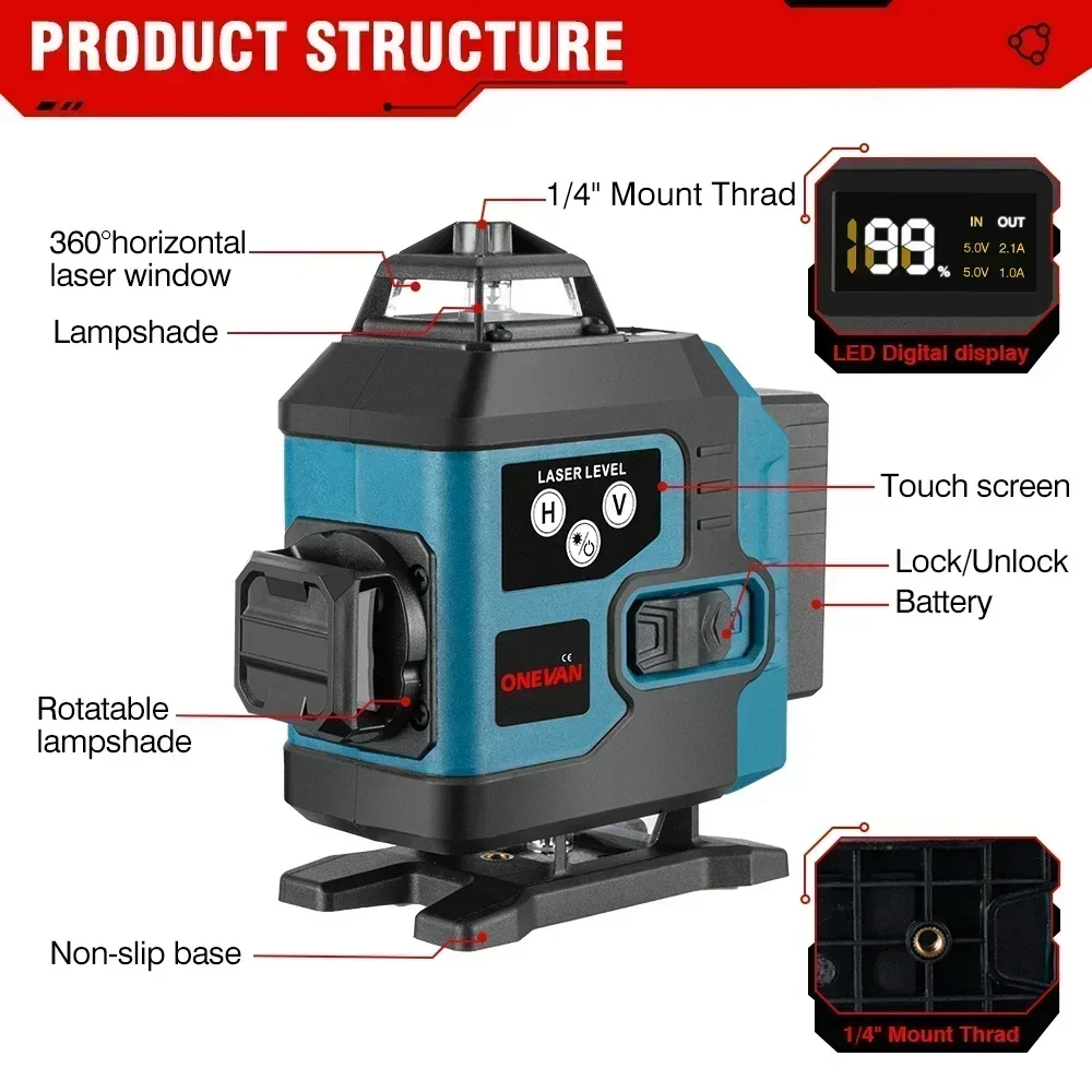 Cordless 16 Lines 4D Laser Level Self-Leveling 360 Horizontal And Vertical Cross Super Powerful Green Laser Level