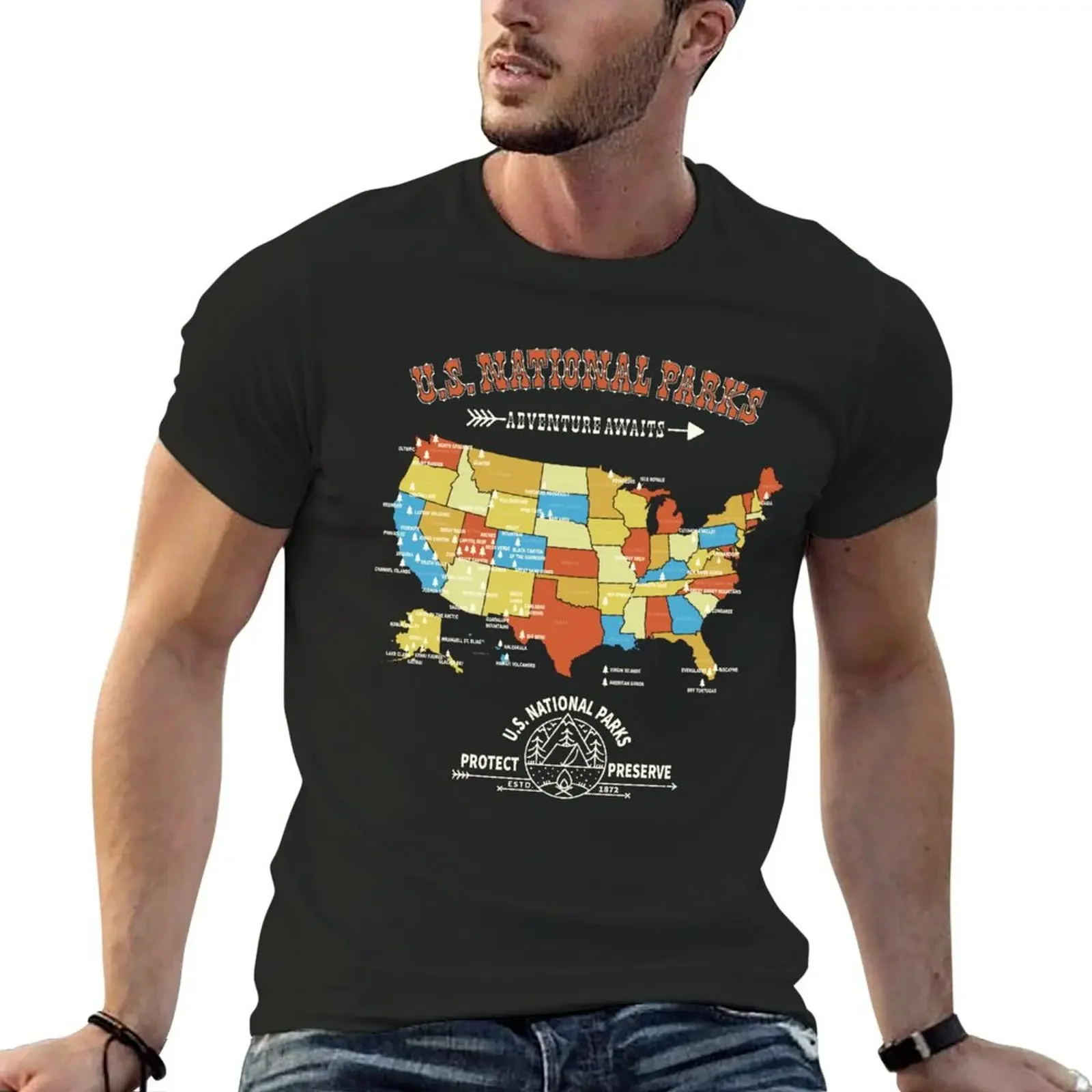 All 63 National Parks Map - Vintage American Hiking Camping Gift T-Shirt korean fashion vintage t shirts men clothings