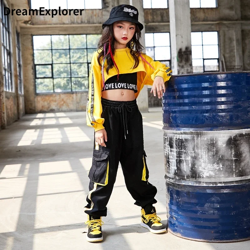 Hip Hop Meisjes Crop Top Contrast Straat Dans Cargo Broek Kinderen Sweatshirt Joggers Kids Streetwear Jazz Kostuums Kleding Sets