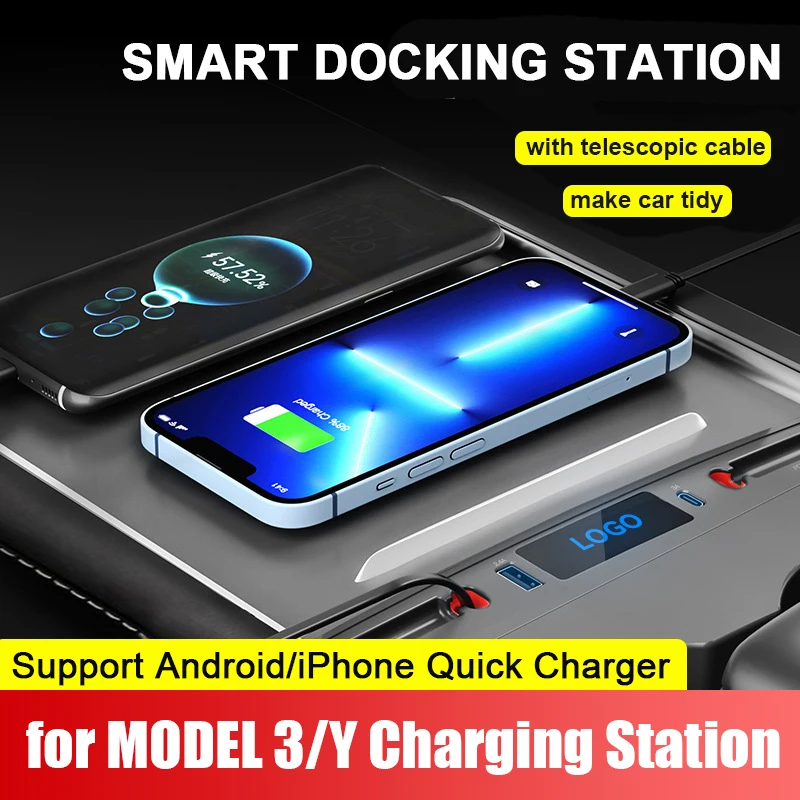 

PD 27W Fast Charger Center Console Retractable Hub Docking Station Charging Dock for Tesla Model 3 / Y for Android Iphone Charge