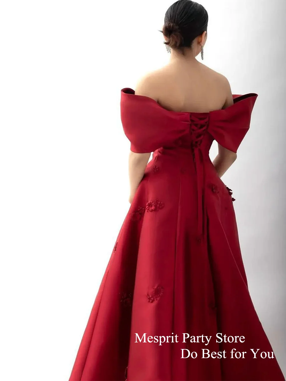 Red Evening Dress Elegant Off The Shoulder 3d Flowers Satin A Line Prom Gown Floor Length Dubai Party Dresses Corset Back