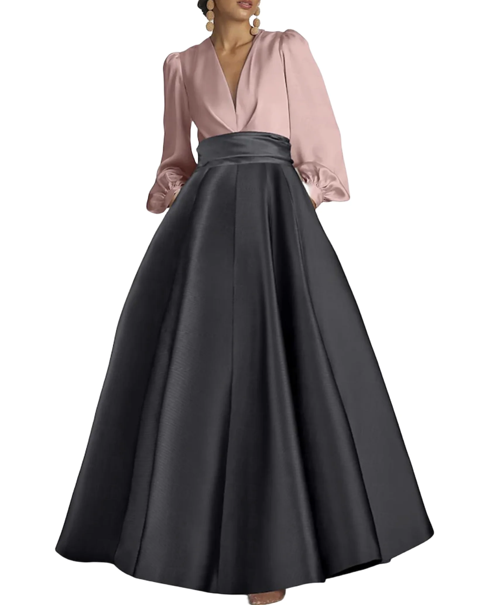 A-Line Evening Gown Elegant Wedding Guest Dress Formal Prom Floor Length Long Sleeve V Neck Satin with Ruched 2024