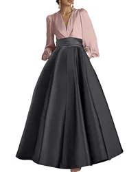 A-Line Evening Gown Elegant Wedding Guest Dress Formal Prom Floor Length Long Sleeve V Neck Satin with Ruched 2024