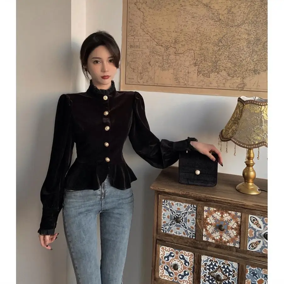 New Vintage Top Camisas De Mujer Palace Style Velvet Shirt Black Blouse Blusas 2024 Shirts for Women Y2k Stand Collar