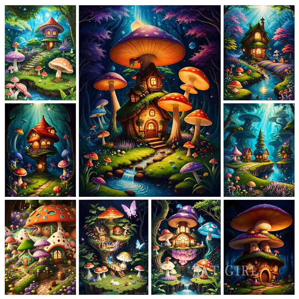 5D DIY Diamond Painting Fantasy Mushroom House Full Round /Square Diamond Mosaic Embroidery Kit Rhinestone Home Art Decorations