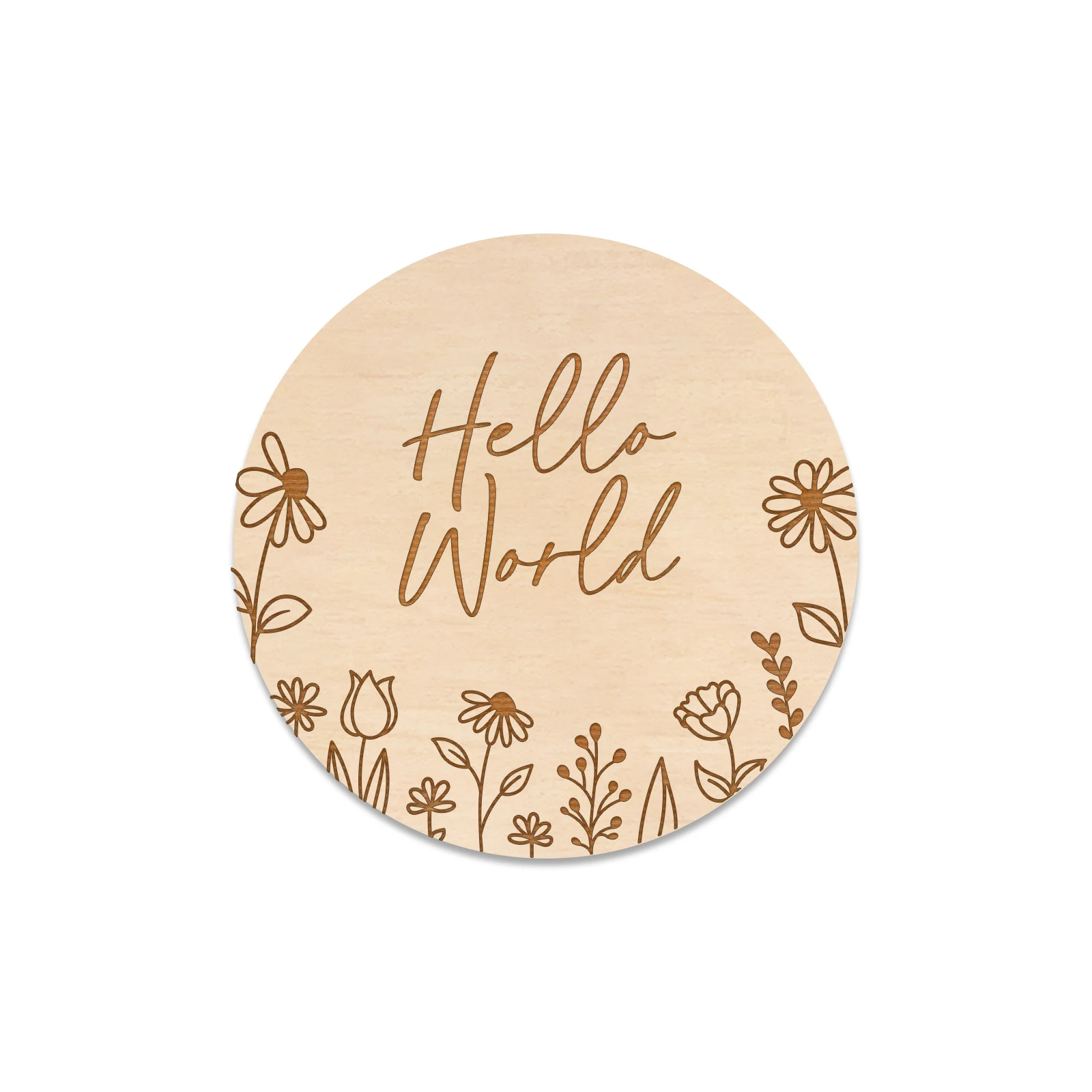 Hello World Wooden Baby Announcement Sign - 5 inch Newborn Birth Stats Board with Floral Engraving, Nursery Photo Prop