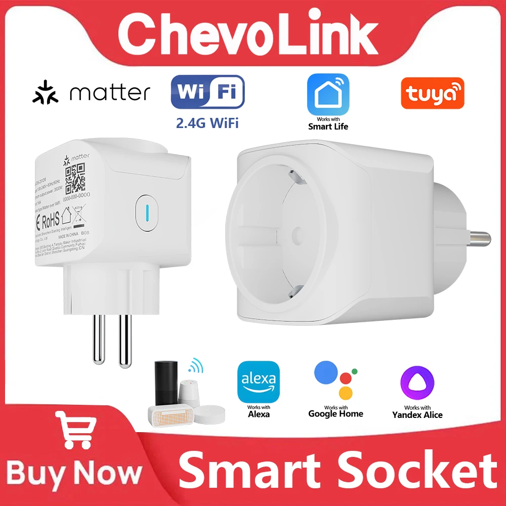 Smart Plug Matter 16A WiFi, Power Consumption Monitoring, Voice Control Alexa Apple Home Google Home, Programmer and Remote Cont