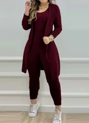 Elegant Commuting Two Piece Set Women Outfit 23 Autumn New Fashion Casual Solid Sleeveless Jumpsuit&pocket Design Longline Coat