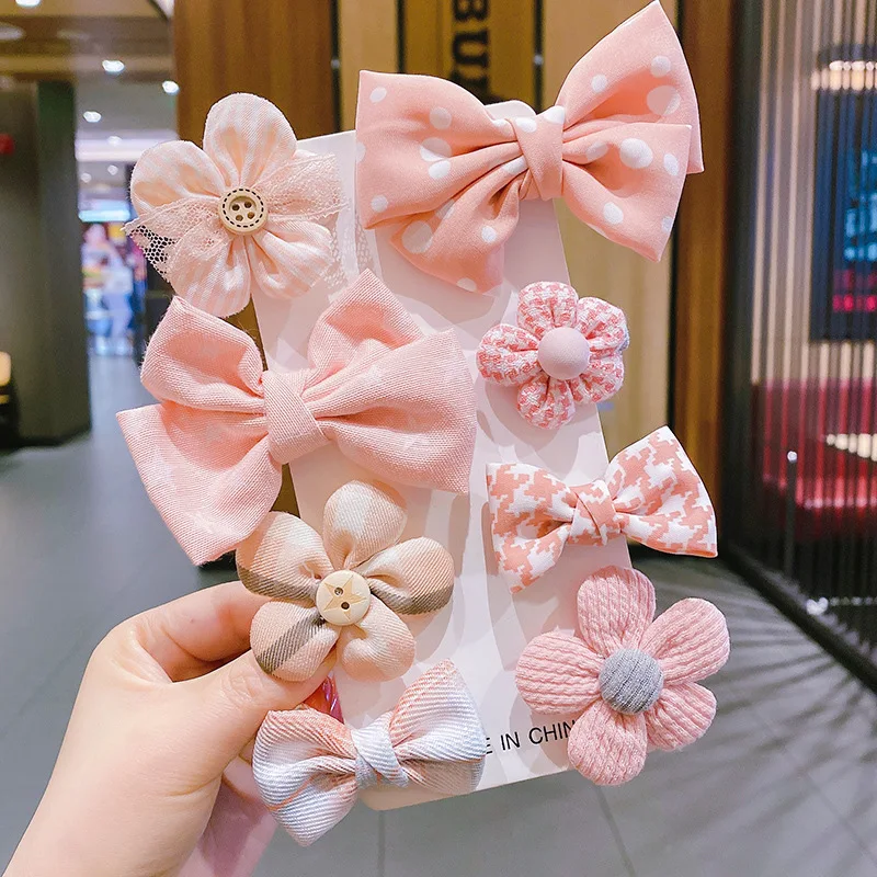 Cloth Bow Girls Hair Clips Set Cloth Flower Hair Pins Set Pink BB Clip for 3-8 Years Old Girl Sweet Pink Bow Hairpins 8 Pcs Set