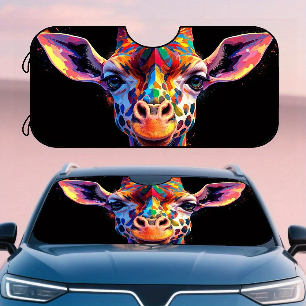 1pc Vibrant Giraffe Pop Art Car Windshield Sunshade - Colorful Animal Portrait Design, Black Background With Colorful Spots, Pol