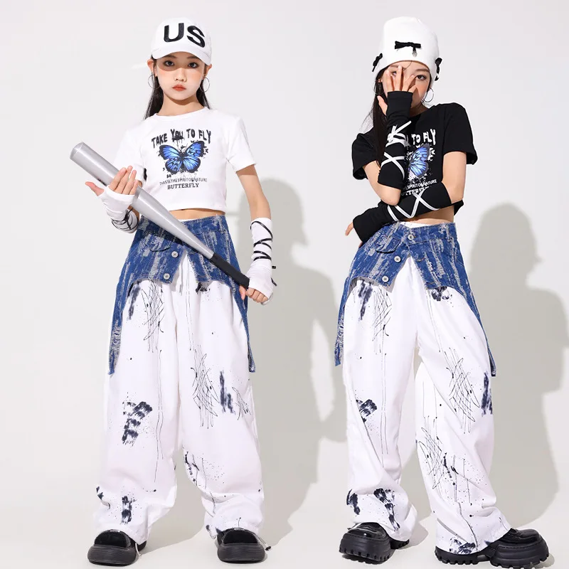 Sommer Mädchen Hip Hop Kleidung setzt Kinder Jazz Tanz Kostüm weiße Tops Hosen Performance Anzug Kpop Kleidung Konzert Bühne Outfits