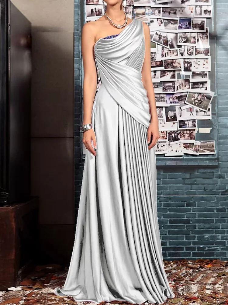 Sheath Elegant Evening Dresses Formal Wedding Guest One Shoulder Backless Sleeveless Floor Length Satin with Pleats Prom Gown