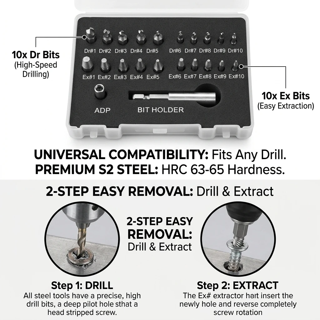 Screw Extractor Set 22pc S2 Steel Damaged Stripped Screw Remover Kit with Drill Bits and Case for Broken Bolts