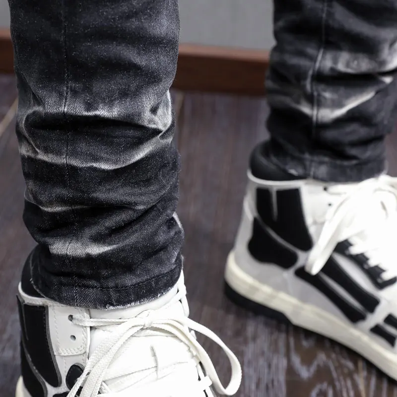 High Street Fashion Men Jeans Retro Black Gray Stretch Skinny Fit Ripped Jeans Men Green Patched Designer Hip Hop Brand Pants