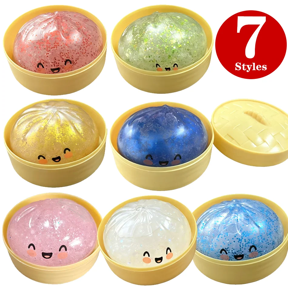 7 Styles Realistic Giant Dumpling Squeeze Toy With Bamboo Steamer Soft Dough Ball Decompression Fidget Toy Funny Creative Gift