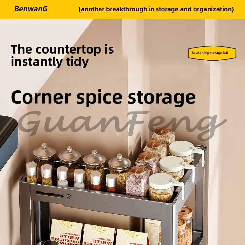 Retractable Corner Seasoning Shelf, Multi-functional Corner Seasoning Storage and Placement on The Countertop