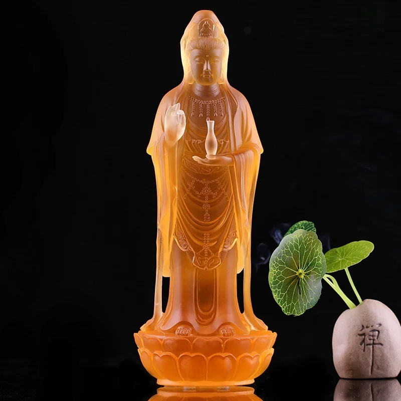 Coloured glaze bottle Guanyin standing image Buddha statue ornament Bodhisattva Buddhist temple home worship decoration