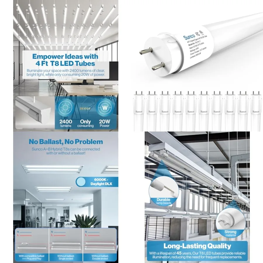 

Sunco 10 Pack T8 LED Bulbs 4 Feet, 48 Inch Tube Light Bulbs Fluorescent Replacement, Single or Double Ended Hybrid Type A+B, 24