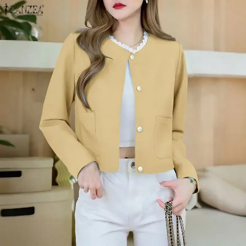 

ZANZEA Women Spring Thin Coats Long Sleeve Jackets 2026 Fashion Casual Pockets Loose Lace Patchwork Loose Solid Elegant OL Shirt