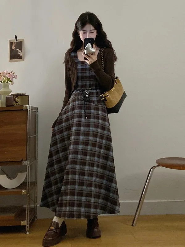 

Комплект: Новый осенний тонкий кардиган с завязками на талии и юбка А-силуэта с высокой талией для полных женщин, винтажный клетчатый узор, длинный рукав