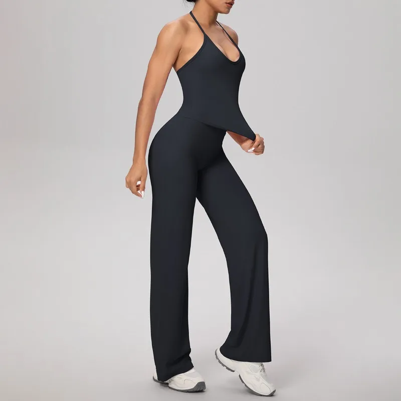 

Новый женский бесшовный комплект для йоги из двух предметов, быстросохнущий спортивный жилет с ремешками, прямые брюки с высокой талией, комплект для бега и фитнеса