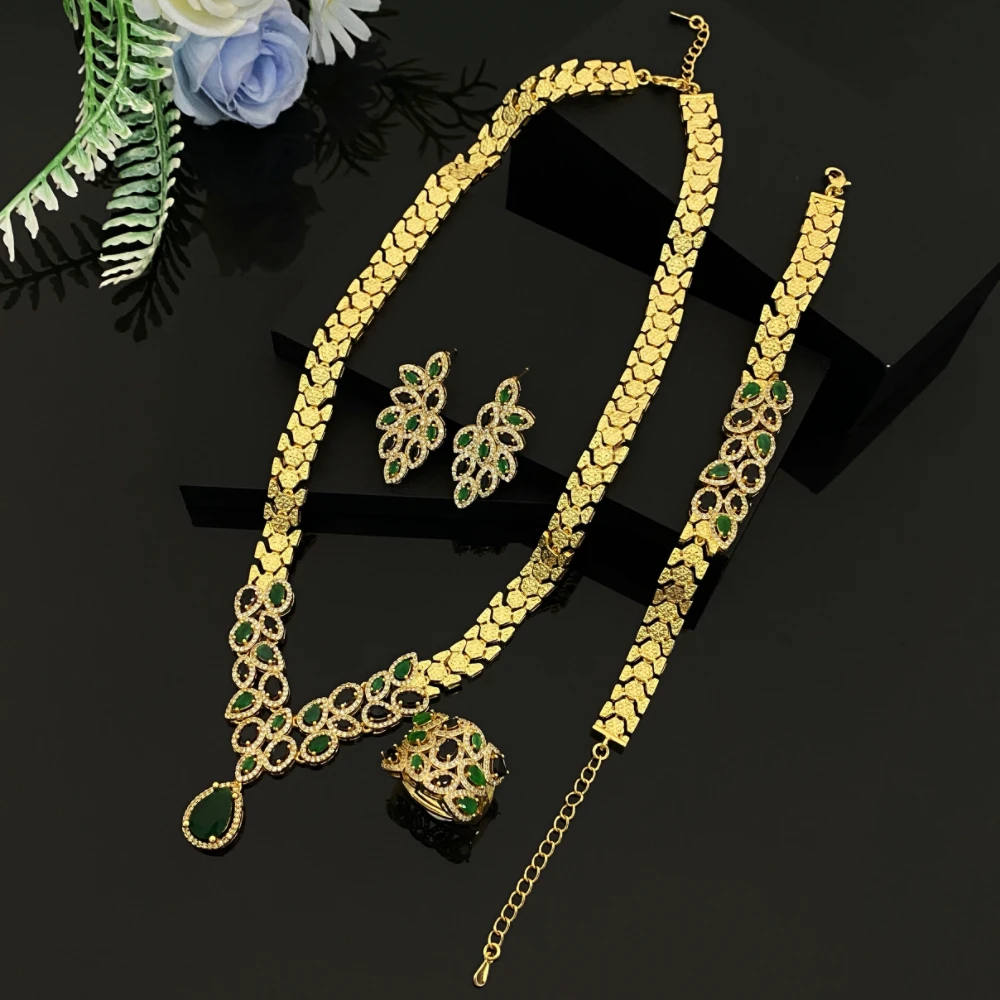 

Falair Дубай свадебный женский циркон позолоченный медный комплект ювелирных изделий с браслетом, кольцом, ожерельем, серьгами для африканской фестивальной одежды