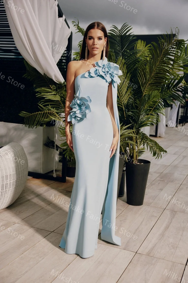 Céu azul sereia vestidos de noite apliques florais cetim vestidos de baile com xale longo até o chão vestidos de convidados de casamento personalizados