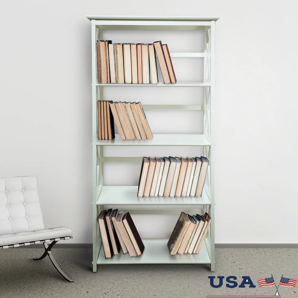 

Modern Solid Wood 5-Shelf Bookcase X-Design Style Home Storage and Decor Easy Assembly Contemporary White Finish