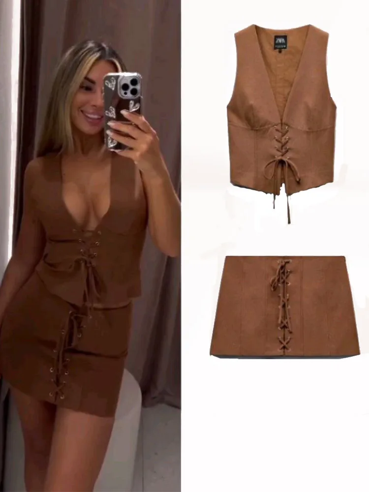 

TRAFZA 2024 Woman's High Street Set Brown V-Neck Sleeveless Bow Top+High Waist Zipper Mini Skirts Summer Suits Woman Trendy TRAF