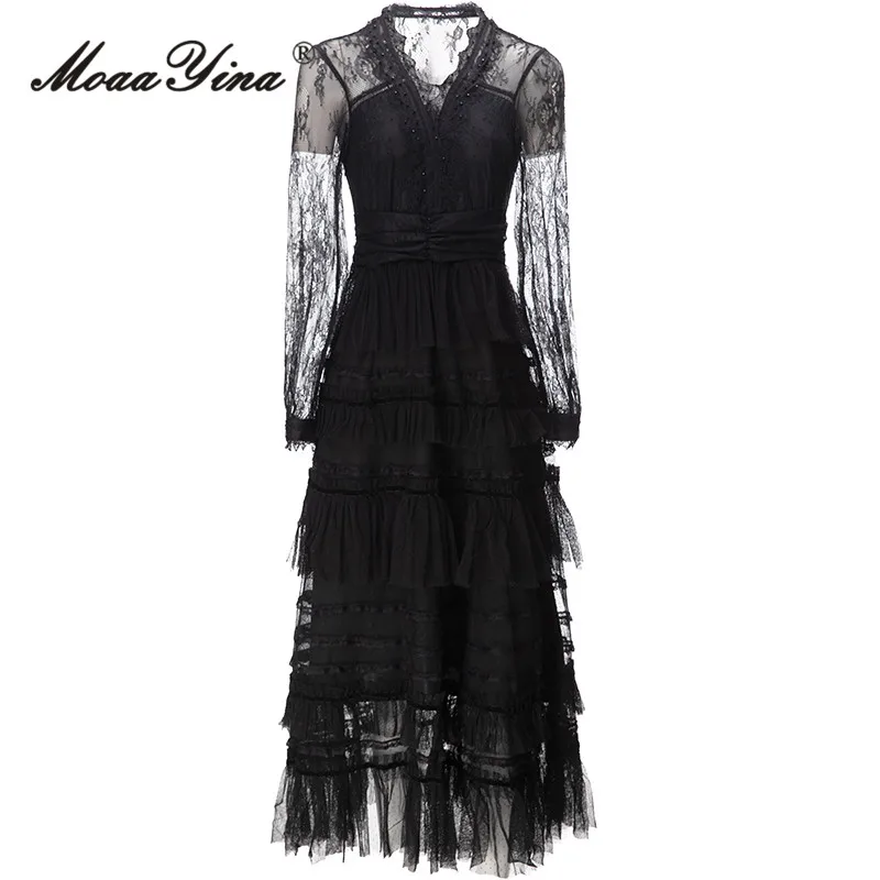 

MoaaYina Autumn Fashion Designer Black Vintage Party Dress Women's V Neck Diamond Lace High Waist Mesh Ruffles Slim Long Dress