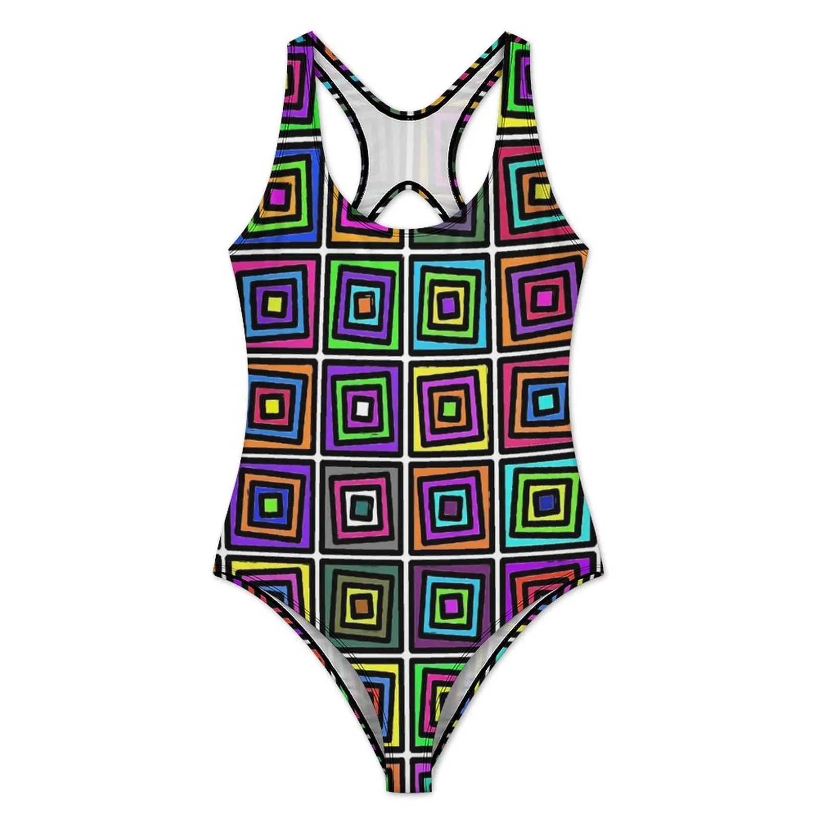Geometic Colorblock Swimsuit Sexy Mid Century One Piece Swimwear Push Up Bodysuit Vintage Beach Monokini