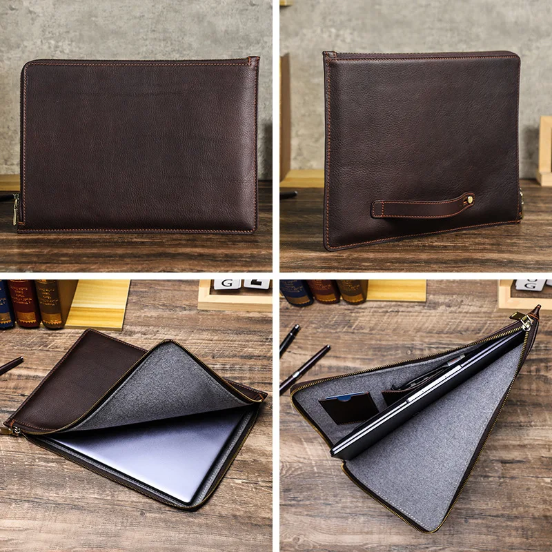 Suitable for macbookpro 14-inch cowhide laptop protective cover hand pull zipper Apple computer inner bag