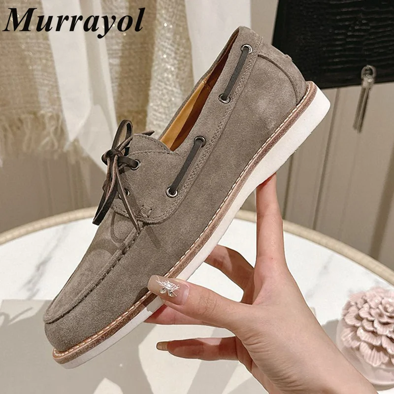 New Round Toe Lace-up Flat Shoes Cow Suede Lazy Loafers Spring Autumn Comfort Retro Walking Shoe Unisex Business Office Shoes