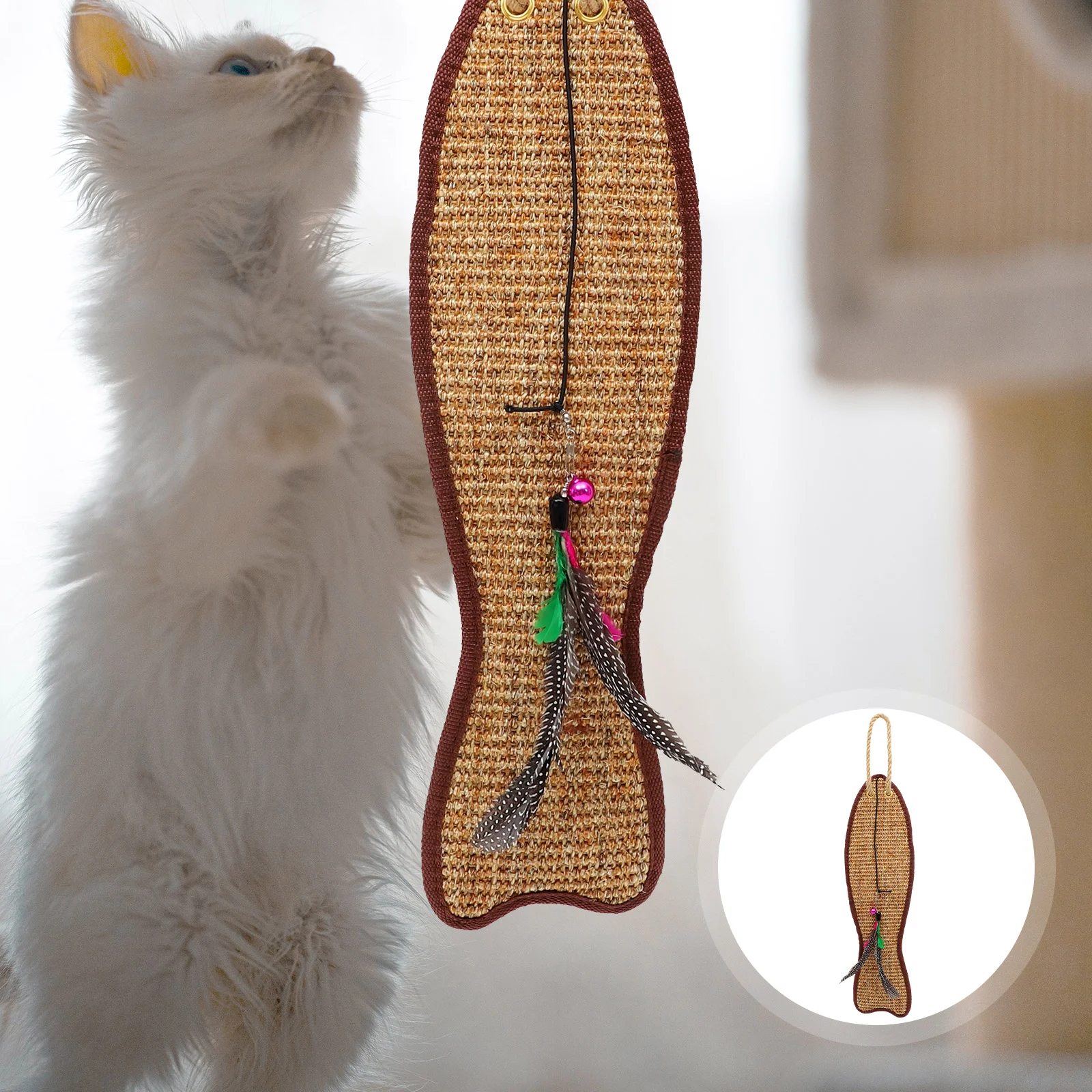 Grab Board Fish-Shaped Sisal Mat Toy Cat Claw Scratcher Artificial Feather Pad Pet Hanging