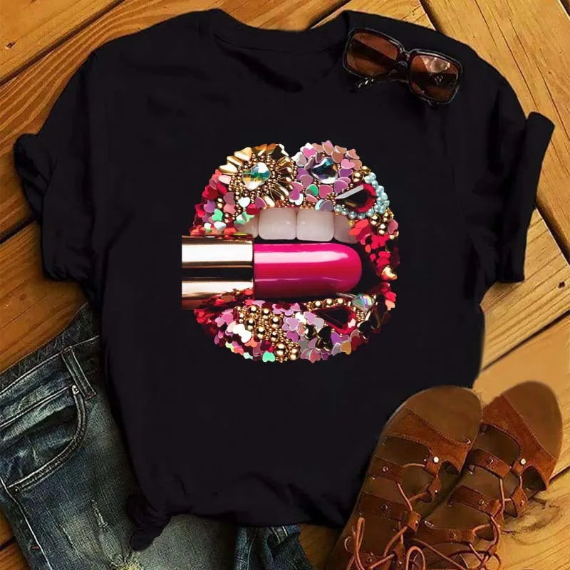 Sexy Colorful Diamonds Lip Print Women T Shirt Short Sleeve O Neck Loose Women Tshirt Ladies Tee Shirt Tops Camisetas Mujer