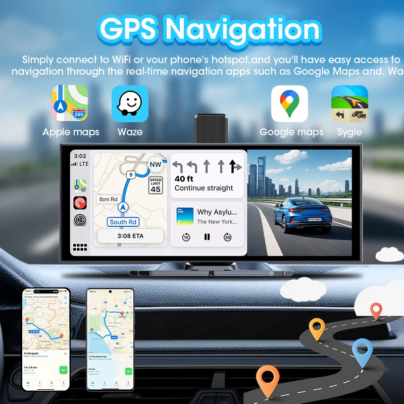 Develuck 11.26 بوصة ADAS Car DVR 4K Dash cam 350 °   كاميرا أمامية قابلة للدوران Carplay Android Auto Dual Lens Registrar Siri Voice Control