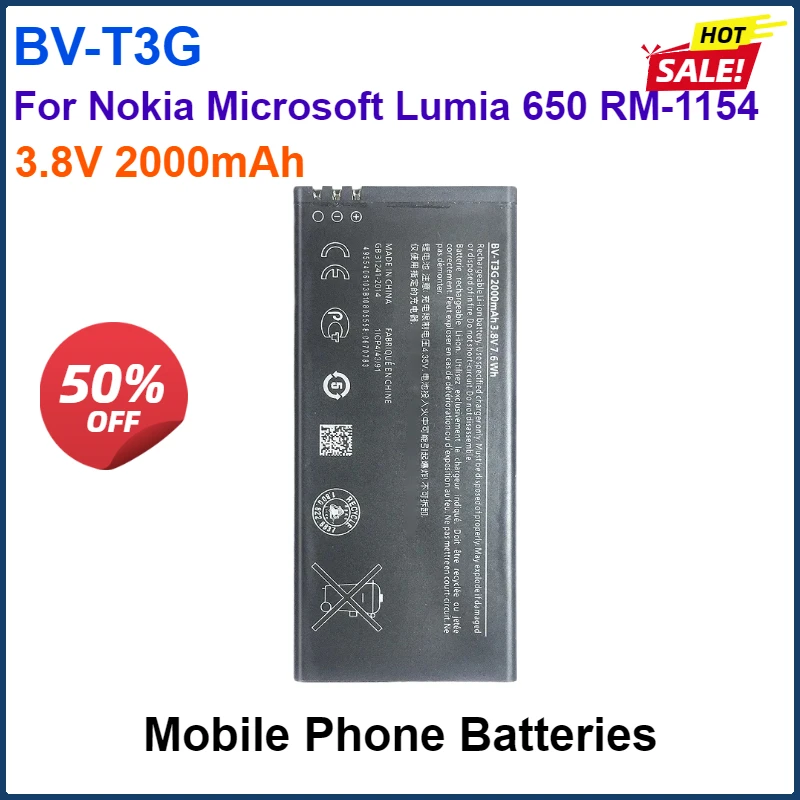 

3.8V 2000mAh Mobile Phone Batteries BV-T3G For Nokia Microsoft Lumia 650 RM-1154 BVT3G BV T3G Cell Phone Portable Battery