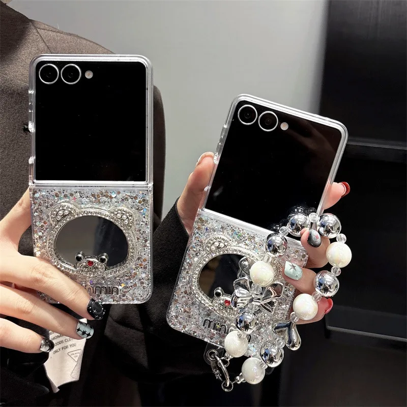 Luxuriöse Diamant-Pailletten Cartoon-Bär Spiegel Handyhülle für Samsung Galaxy Z Flip 7 6 5 4 3 FE Mit Armband Stoßfeste Abdeckung