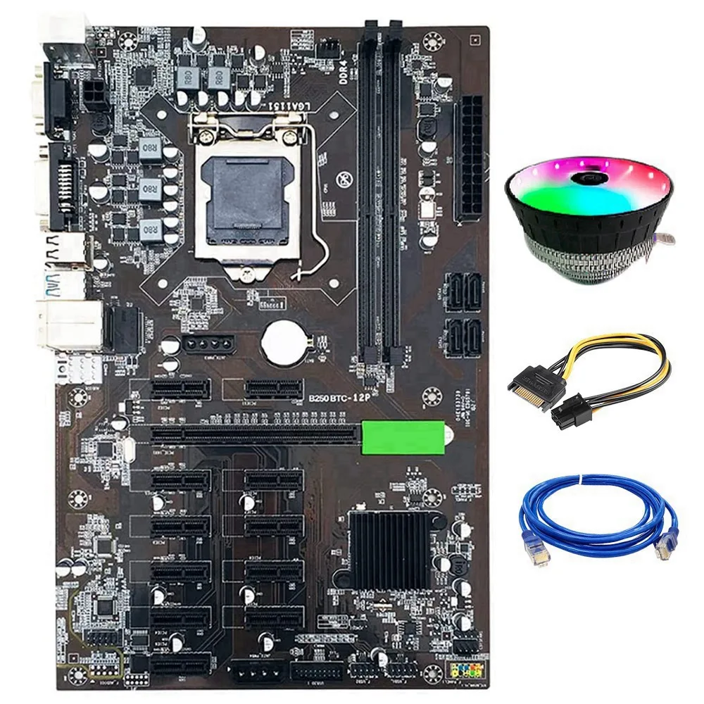 

B250 BTC Mining Motherboard LGA 1151 DDR4 SATA 3.0 USB 3.0 with Cooling Fan+SATA 15Pin to 6Pin Power Cord for Miner