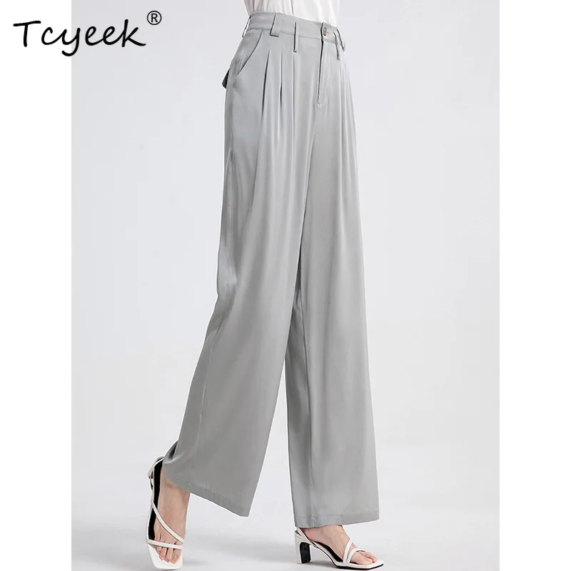 Tcyeek 95% Seda Mulberry 5% LICRA Pantalones anchos Mujer Cintura alta Adelgazante Pierna recta Gris Negro Pantalones largos de mujer Commer