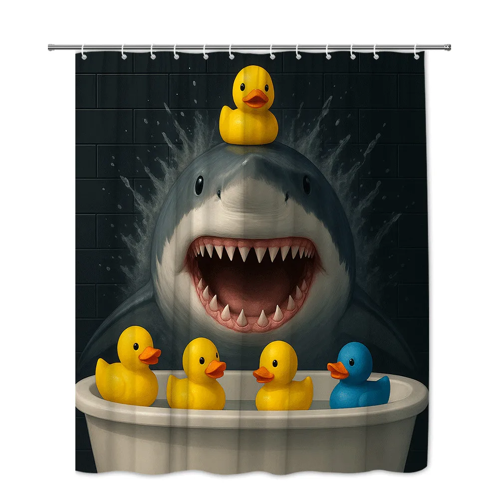 Funny Cartoon Shark Attack Ducks Print Shower Curtain Waterproof Polyester Bathroom Novelty Decorations for Kids Family Home