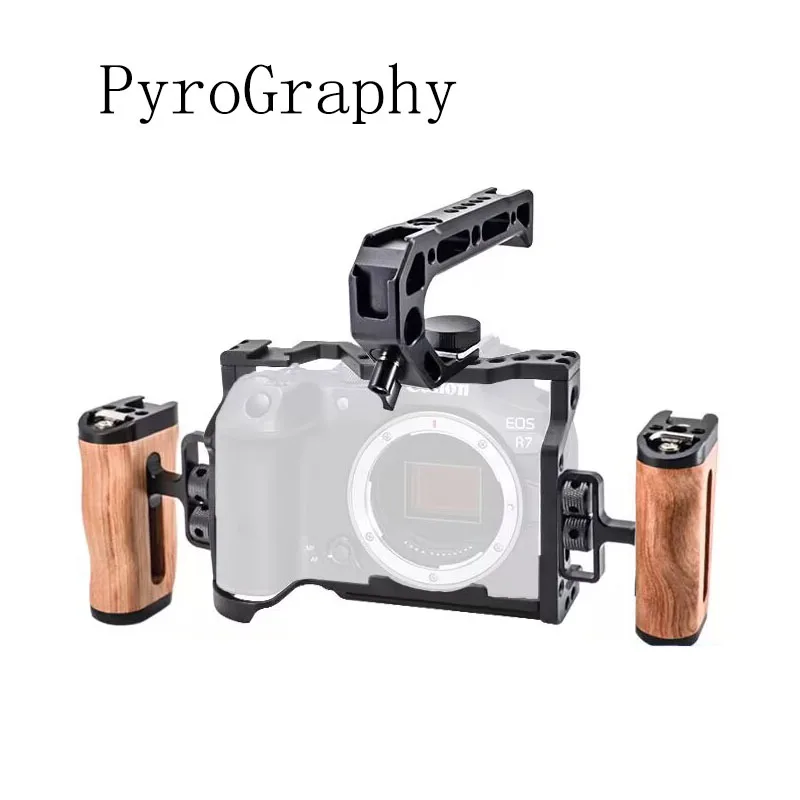 

PyroGraphy EOSR7 Cage Kit Handheld Shooting Kit with Full Cage Arri Locating Top Handle Wooden Side Handle Grip for Canon EOS R7